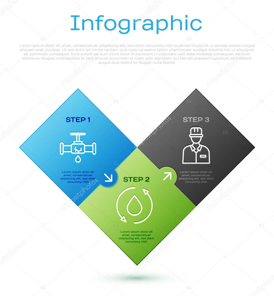 Set line Broken pipe with leaking water, Oilman and Oil drop. Business infographic template. Vector.