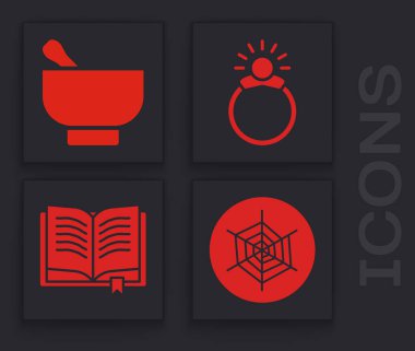 Örümcek ağı, sihirli havan ve tokmak, mücevher ve Antik büyü kitabı ikonuyla sihirli taş yüzük. Vektör