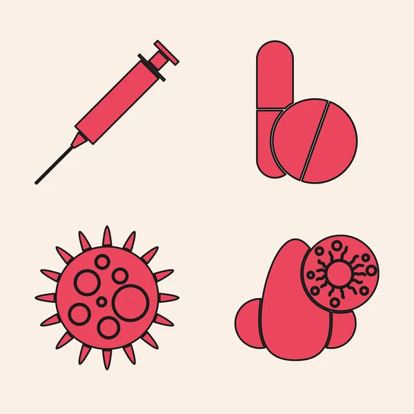 룬니 코와 바이러스 , Syringe, 약약, 태블릿, 바이러스 아이콘을 설정 한다. Vector — 스톡 벡터