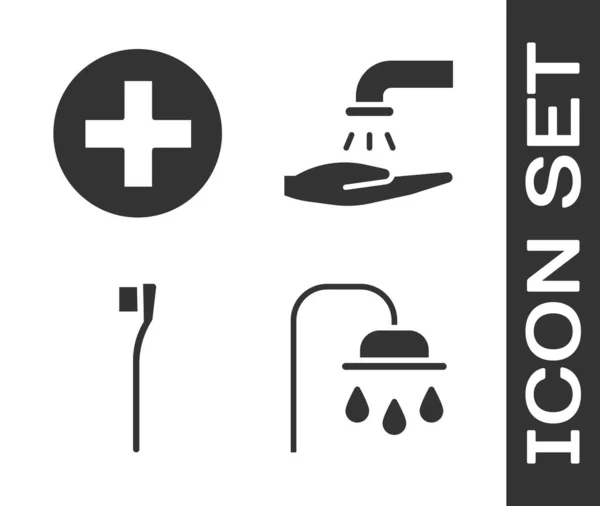 Set Cabezal de ducha, Médico de hospital cruzado, Cepillo de dientes y lavarse las manos con icono de jabón. Vector — Vector de stock