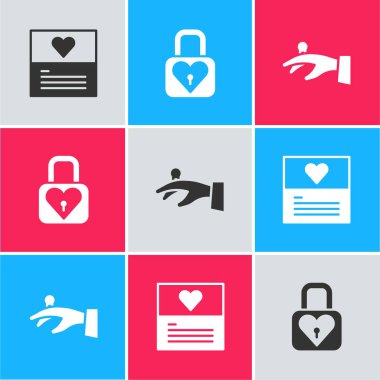 Tebrik kartı, kilit ve kalp ve alyansları el simgesine yerleştir. Vektör