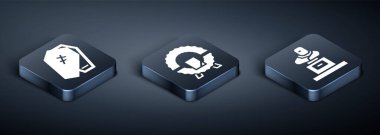 Isometric Coffin 'i haçla, Grave' i mezar taşıyla ve çelenk ikonuyla ayarla. Vektör