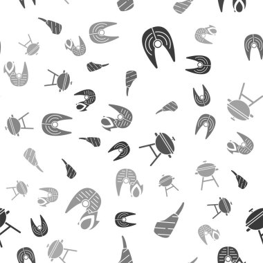 Balık bifteği, kaburga bifteği, ızgara ızgara ızgara balık bifteği ve ateş alevi. Vektör