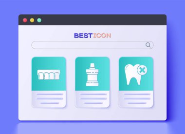 Ağız gargarası plastik şişesi, takma dişler ve diş macunu ikonlu. Vektör