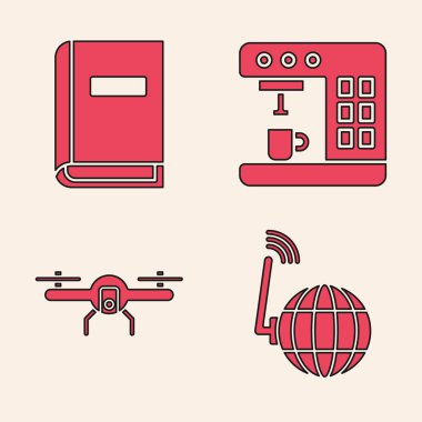 Sosyal ağı, kullanıcı kılavuzunu, kahve makinesini ve İHA uçan ikonunu ayarla. Vektör