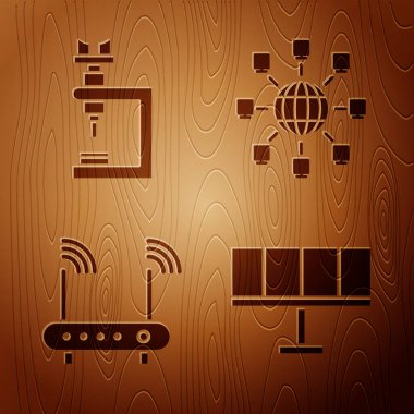 Güneş enerjisi paneli, mikroskop, Router ve wi-fi sinyali ve sosyal ağı tahta arka planda ayarla. Vektör