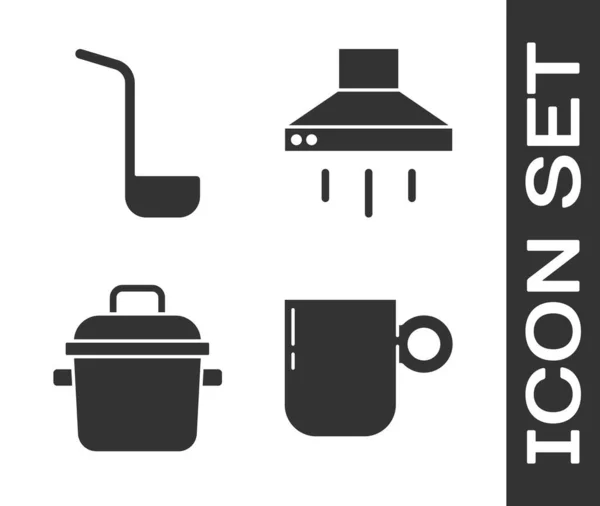 设置咖啡杯，厨房勺，烹饪壶和厨房抽水机风扇图标。B.病媒 — 图库矢量图片