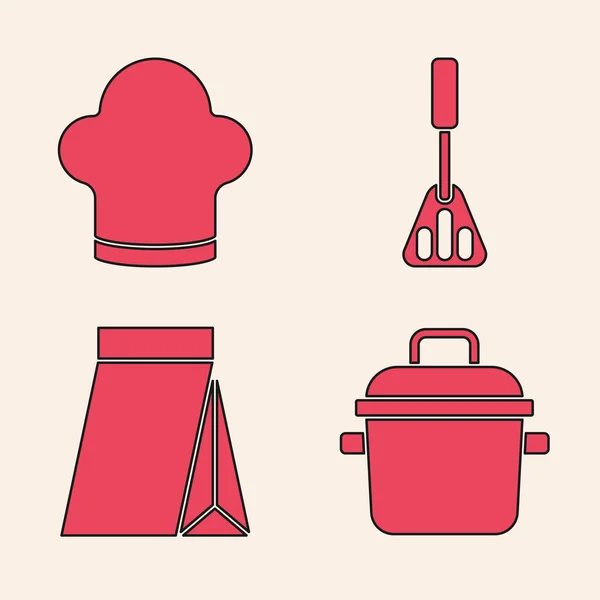 Ensemble casserole, chapeau de chef, spatule et sac de grains de café icône. Vecteur — Image vectorielle