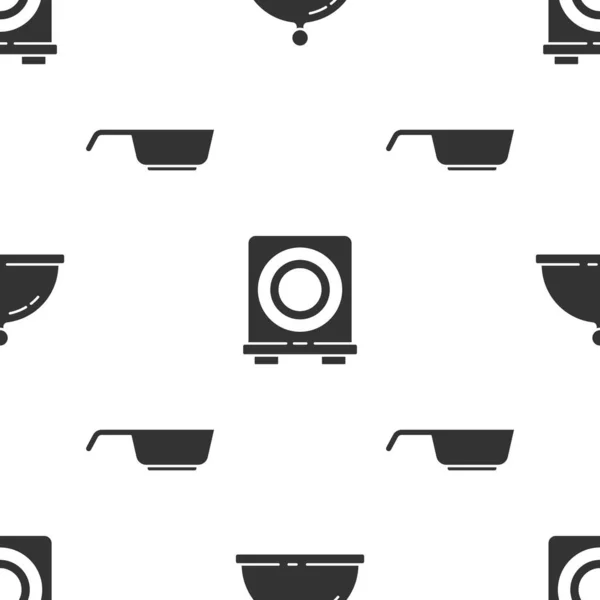 Set Cubierto con bandeja de comida, estufa eléctrica y sartén en patrón sin costuras. Vector — Archivo Imágenes Vectoriales