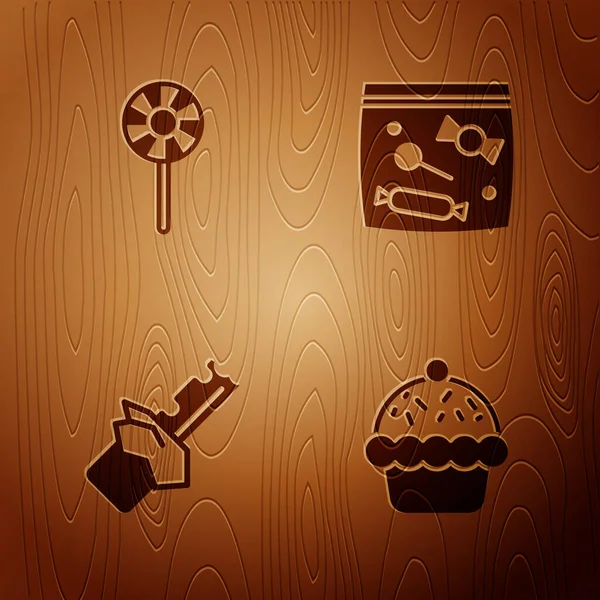 Set Cupcake, Lollipop, Bitten Schokolade Riegel und Süßigkeiten Verpackung für Süßigkeiten auf Holzgrund. Vektor — Stockvektor