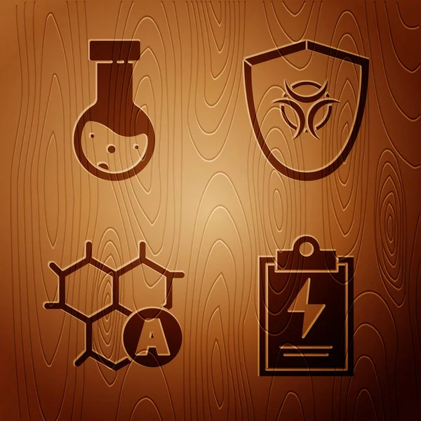 Laboratoriumklembord met checklist, reageerbuis en kolf chemische, chemische formule en Biohazard symbool op schild op houten achtergrond. Vector — Stockvector