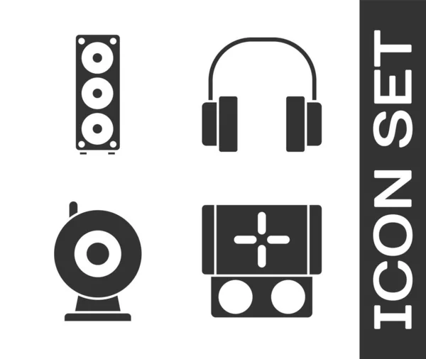 Conjunto de videoconsola portátil, altavoz estéreo, cámara web y auriculares icono. Vector — Vector de stock