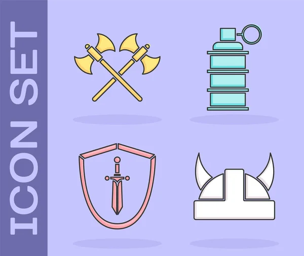 Set vikingo en casco con cuernos, hachas medievales cruzadas, escudo medieval con espada y granada de mano icono. Vector — Vector de stock