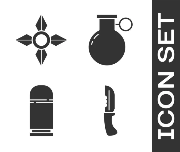 Set Cuchillo militar, shuriken ninja japonés, cartuchos e icono de granada de mano. Vector — Vector de stock