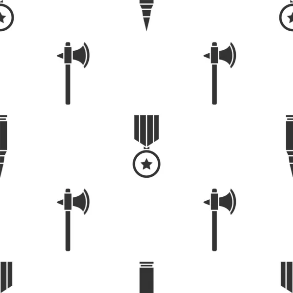 Set Kugel, militärische Belohnungsmedaille und mittelalterliche Axt auf nahtlosem Muster. Vektor — Stockvektor