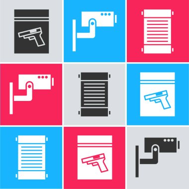 Kanıt torbasını, tabancayı ya da silahı, güvenlik kamerasını ve kararnameyi, kağıdı, parşömeni, parşömen simgesini ayarlayın. Vektör