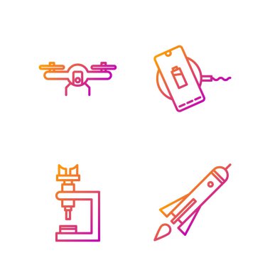 Roket gemisini ateşle, mikroskopla, insansız hava aracıyla ve kablosuz şarjla ayarla. Renk simgeleri. Vektör