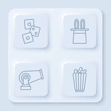 Çizgi oyunu zarları, sihirbaz şapkası ve tavşan kulakları, top ve patlamış mısırlar kutuda. Beyaz kare düğme. Vektör