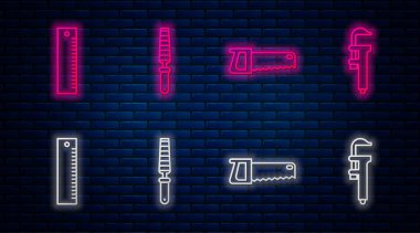 Tahta, el testeresi, cetvel ve Calliper ya da kalibre ve ölçek için keski aleti ayarlayın. Tuğla duvarda parlayan neon simgesi. Vektör