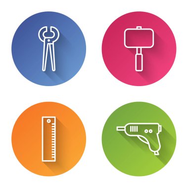 Kerpeten ve kerpeten, balyoz, cetvel ve elektrikli tutkal tabancası ayarlayın. Renkli daire düğmesi. Vektör