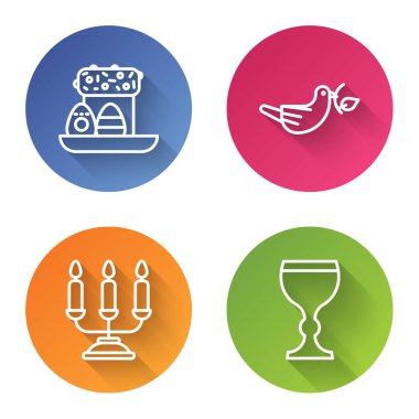 Paskalya pastası ve yumurta, zeytin dalı uzatan barış güvercini şamdanlı şamdan ve şarap kadehi. Renkli daire düğmesi. Vektör