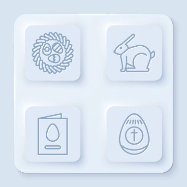 Hasır bir yuvada Paskalya yumurtası, Paskalya tavşanı, Paskalya yumurtalı tebrik kartı. Beyaz kare düğme. Vektör