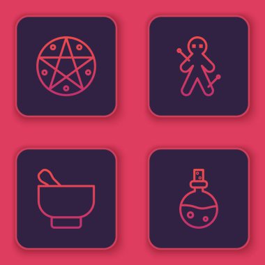 Pentagram 'ı daire içine al, sihirli havan topu ve tokmak, Voodoo bebeği ve aşk iksiriyle şişe. Mavi kare düğme. Vektör