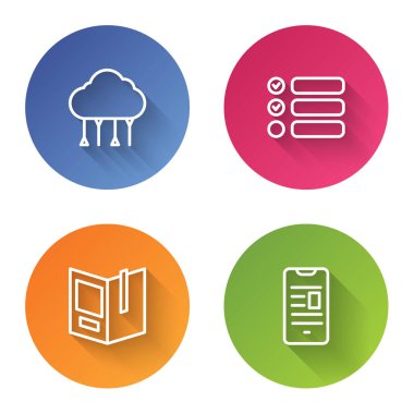 Satır Ağ Bulut bağlantısını, Görev listesini, Açık Kitabı ve Çevrimiçi Cep telefonunu ayarla. Renkli daire düğmesi. Vektör