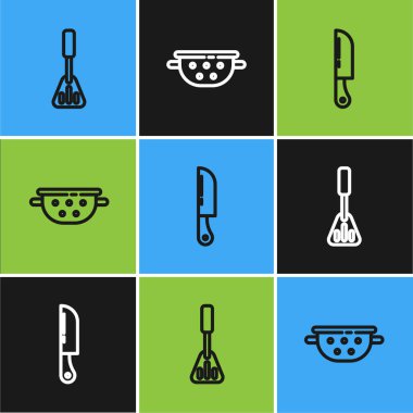 Spatula, Bıçak ve Mutfak süzgeci ikonu. Vektör