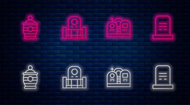 Mezar taşıyla, cenaze vazosuyla ve... Tuğla duvarda parlayan neon simgesi. Vektör