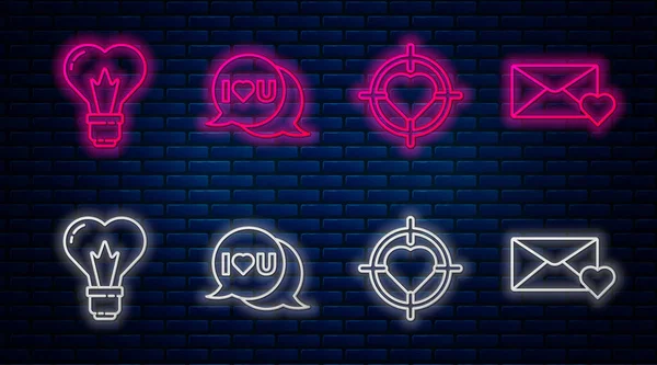 Set line Speech bubble with I love you, Heart in the center of target aim, Heart shape in a light bulb and Envelope with 8 March. Glowing neon icon on brick wall. Vector — Stock Vector