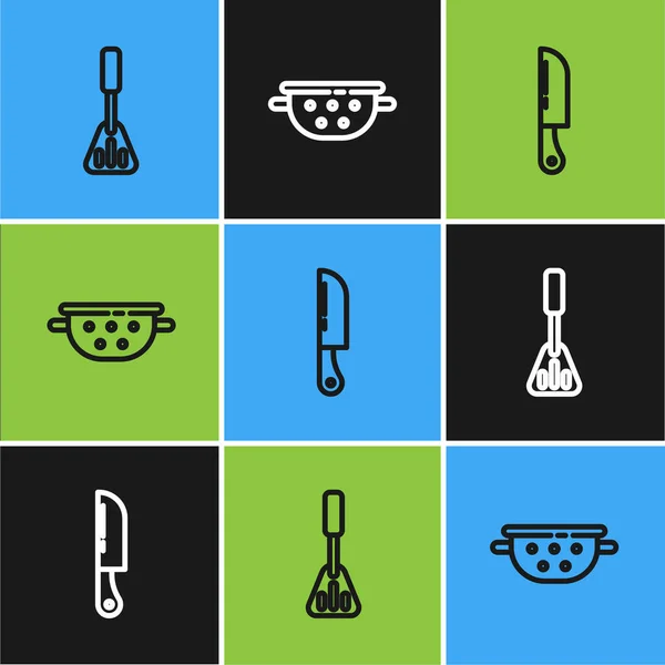 Set ligne Spatule, Couteau et icône de passoire de cuisine. Vecteur — Image vectorielle