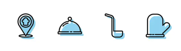 Set line Kitchen ladle, Chef hat with location, Covered tray of food and Oven performance icon. Вектор — стоковый вектор