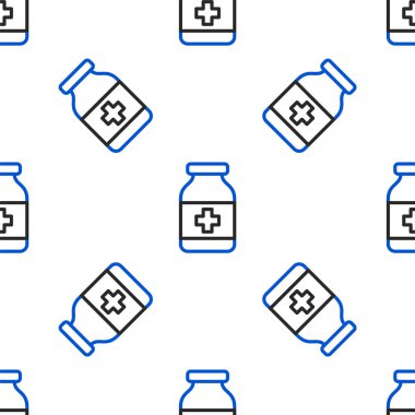 Çizgi tıp ikonu beyaz arka planda izole edilmiş kusursuz desen. Şişe hapı işareti. Eczane tasarımı. Renkli taslak konsepti. Vektör
