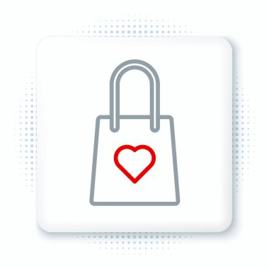 Beyaz arka planda kalp ikonu olan bir alışveriş torbası. Alışveriş torbası sevgisi kalp ikonu gibidir. Sevgililer Günü sembolü. Renkli taslak konsepti. Vektör