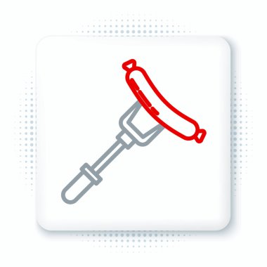 Çatal simgesindeki çizgi sosisi beyaz arkaplanda izole edilmiş. Izgara sosis ve aroma işareti. Renkli taslak konsepti. Vektör