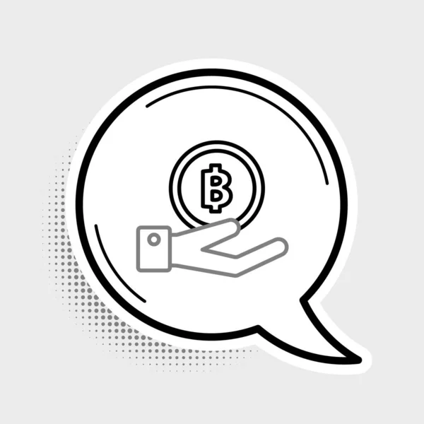 Zeile Hand hält Bitcoin-Symbol isoliert auf grauem Hintergrund. Blockchain-Technologie, digitaler Geldmarkt, Kryptocoin-Brieftasche. Buntes Rahmenkonzept. Vektor — Stockvektor