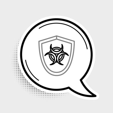 Kalkan simgesindeki çizgi biyolojik tehlike sembolü gri arkaplanda izole edildi. Renkli taslak konsepti. Vektör