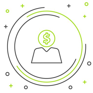 Çizgi İşadamı, beyaz arka planda izole edilmiş zihin ikonu planlıyor. Dolarlı insan kafası. Para kazanmak için bir fikir. Yatırım artışı. Renkli taslak konsepti. Vektör