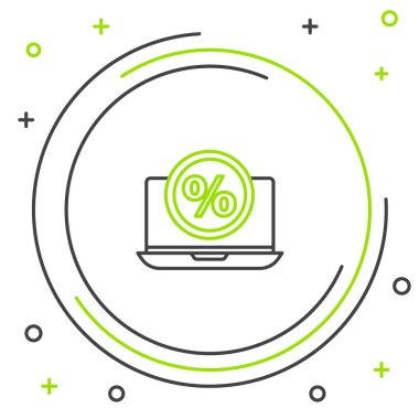 Beyaz arkaplanda çizgi sembolü indirimi ve dizüstü bilgisayar simgesi izole edildi. Satış yüzdesi - fiyat etiketi, etiket. Renkli taslak konsepti. Vektör