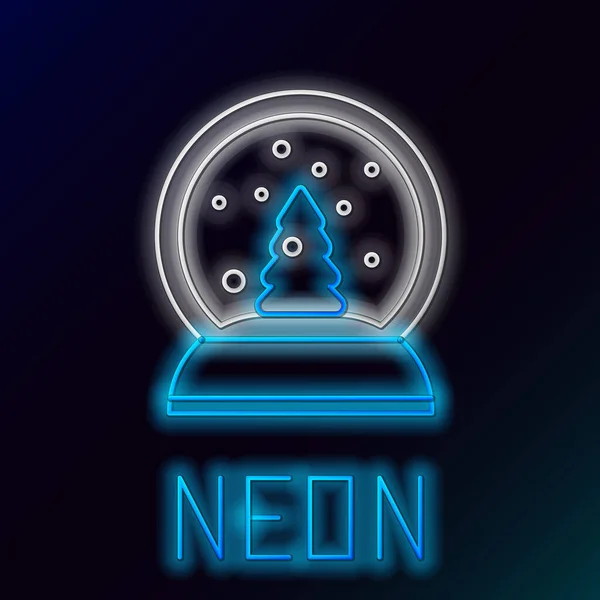 Gloeiende neon lijn Kerst sneeuwbol met gevallen sneeuw en kerstboom pictogram geïsoleerd op zwarte achtergrond. Vrolijk kerstfeest en gelukkig nieuwjaar. Kleurrijk concept. Vector — Stockvector