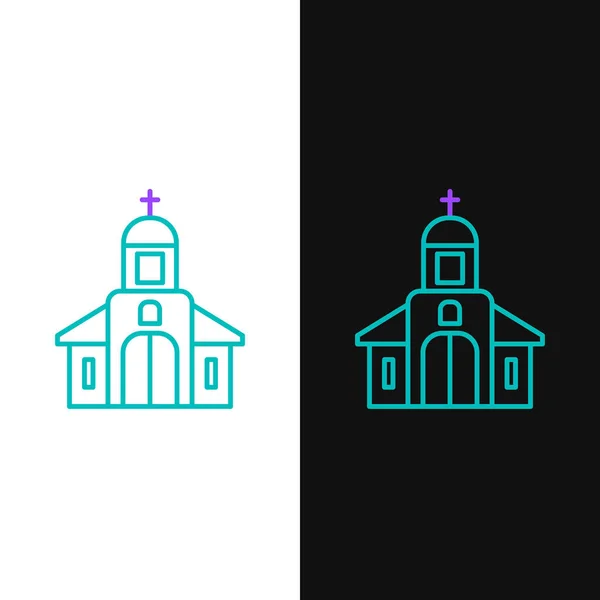 Icono del edificio Line Church aislado sobre fondo blanco y negro. Iglesia Cristiana. Religión de la iglesia. Concepto de esquema colorido. Vector — Vector de stock