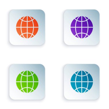 Renk Küresel teknolojisi veya sosyal ağ simgesi beyaz arkaplanda izole edildi. Kare düğmelere renkli simgeleri yerleştir. Vektör İllüstrasyonu