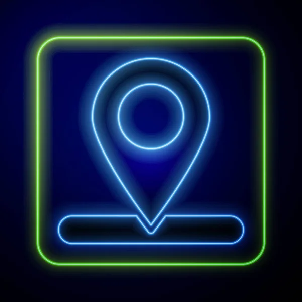 Icono de pin de mapa de neón brillante aislado sobre fondo azul. Navegación, puntero, ubicación, mapa, GPS, dirección, lugar, brújula, concepto de búsqueda. Vector — Vector de stock