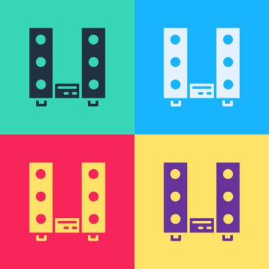 Pop Art Home müzik seti ve iki hoparlör ikonu renkli arka planda izole edilmiş. Müzik sistemi. Vektör