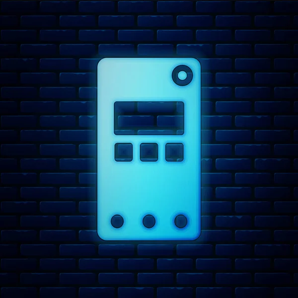 Smartphone de neón brillante, icono del teléfono móvil aislado en el fondo de la pared de ladrillo. Ilustración vectorial — Vector de stock