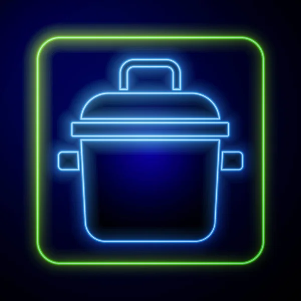 Icono de olla de cocina de neón brillante aislado sobre fondo azul. Hervir o guisar el símbolo de la comida. Vector — Archivo Imágenes Vectoriales