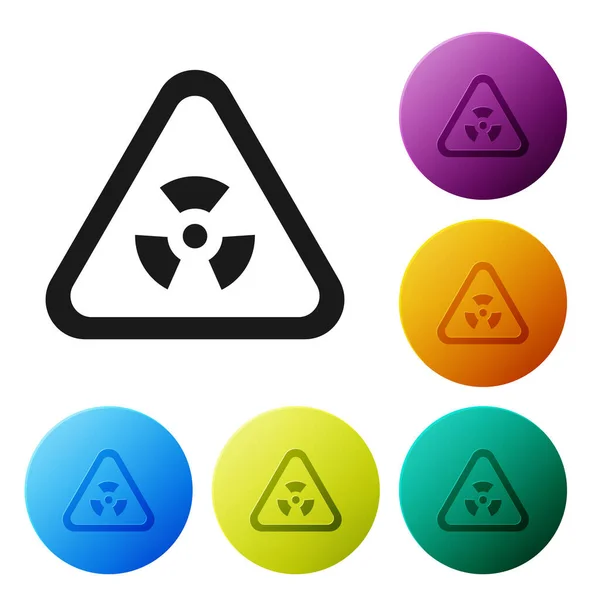 Schwarzes Dreieck-Zeichen mit Strahlungssymbol auf weißem Hintergrund. Setzen Sie Symbole in farbigen Kreis-Tasten. Vektor — Stockvektor