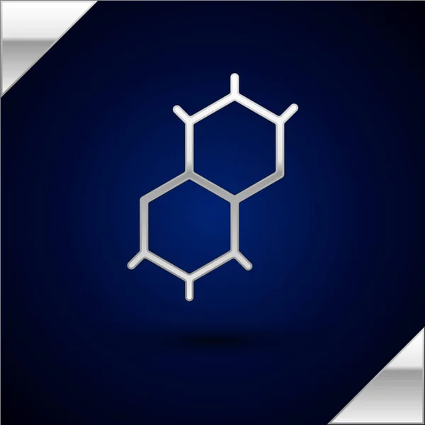 Серебристый значок формулы на темно-синем фоне. Абстрактный шестиугольник для инновационной медицины, здравоохранения, исследований и науки. Вектор — стоковый вектор