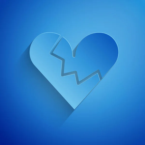 Papier gesneden Gebroken hart of scheiding pictogram geïsoleerd op blauwe achtergrond. Liefdessymbool. Valentijnsdag. Papierkunst stijl. Vector — Stockvector